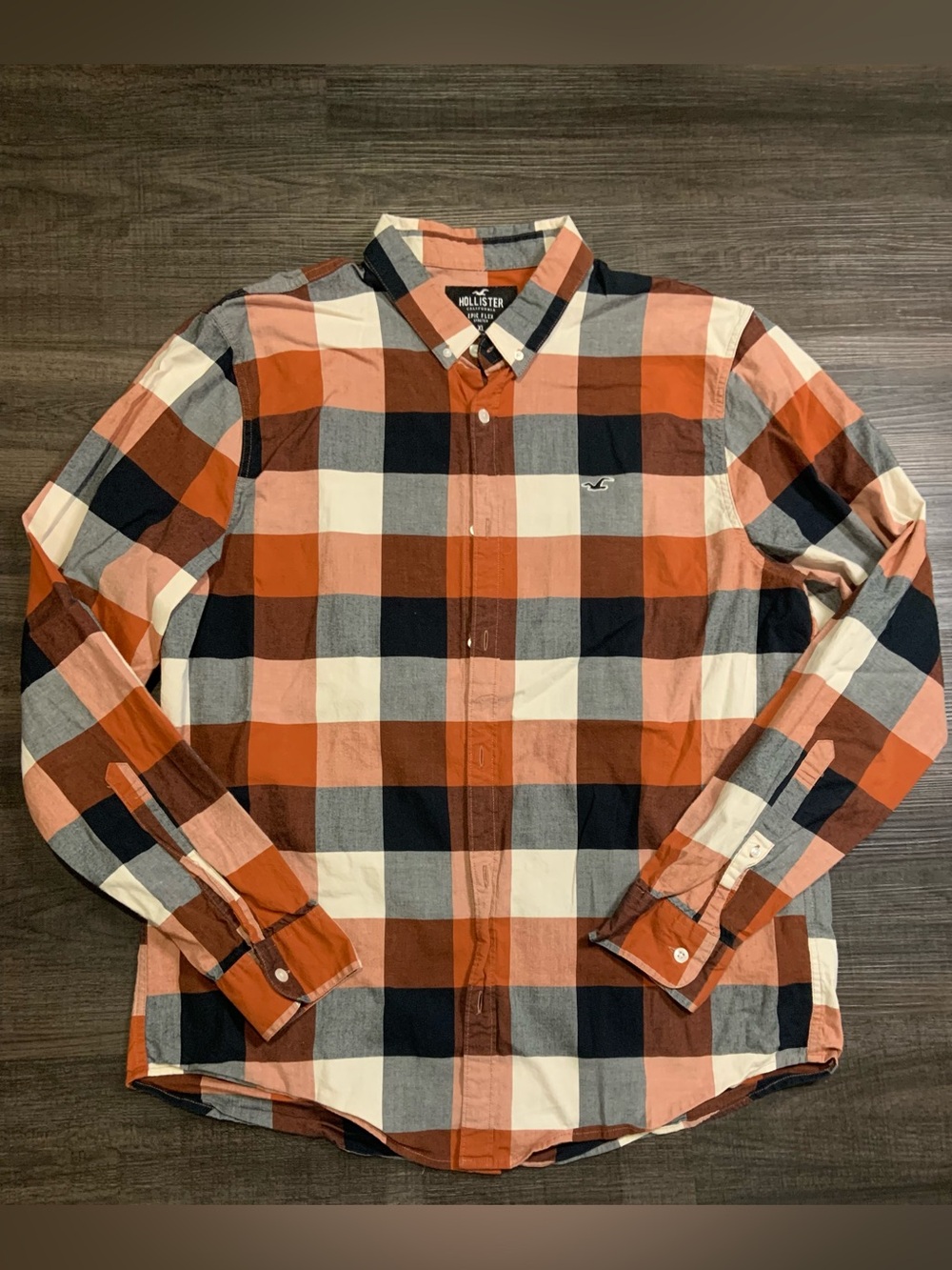 Hollister Men’s Orange, Black & Cream Plaid Button-Down Shirt
